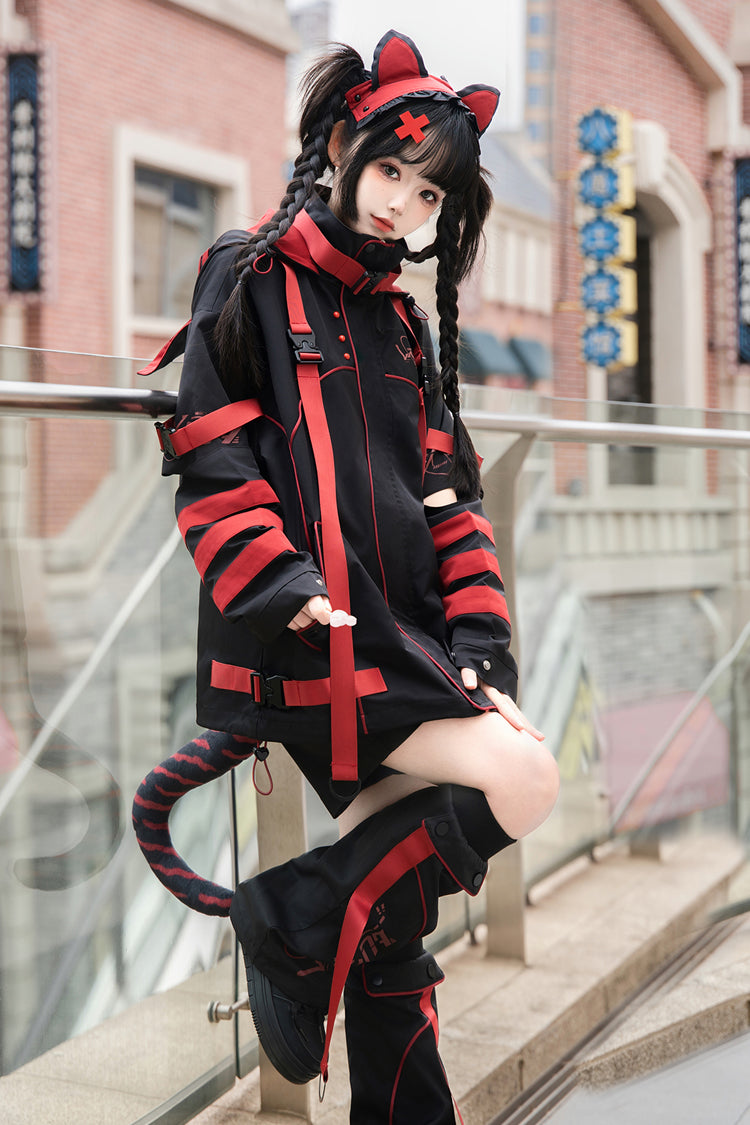 Black/Red Long Sleeves Print Cat Ears Hooded Jirai Kei Handsome Coat