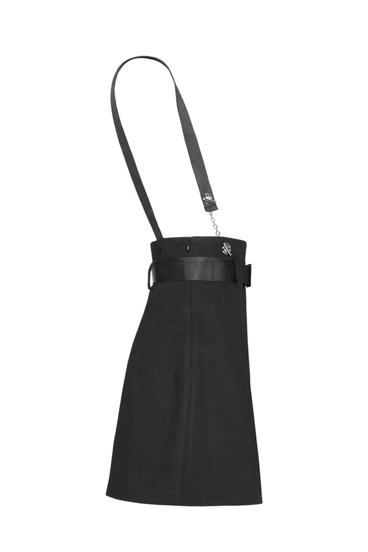 Black Metal Ring Shoulder-Strap Buckle Belt Split Hem A-Shaped Women's Punk Skirt