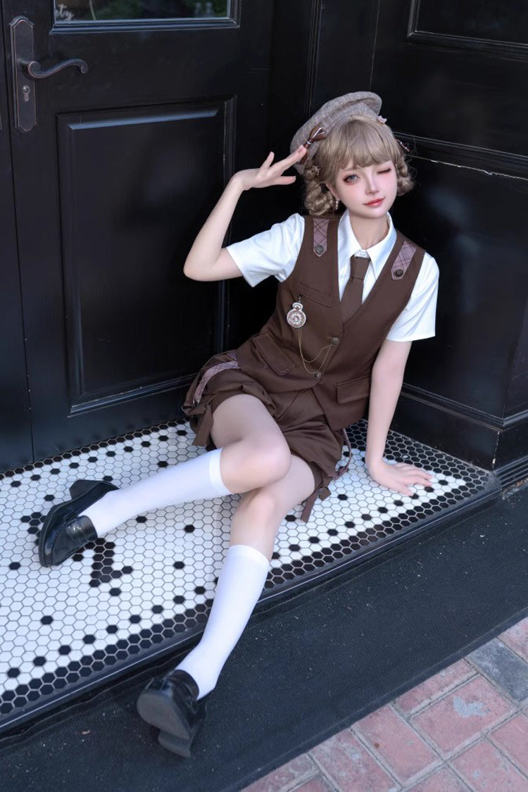 Brown Bunny Detective Short Sleeves Prince Ouji Lolita Set
