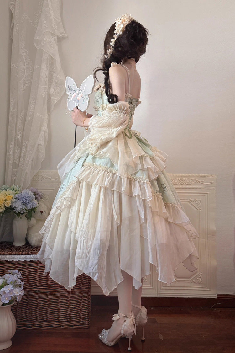 Green [Tea Bamboo Song] Sleeveless Print Ruffle Bowknot Sweet Chinese Style Elegant Ballet Lolita Jsk Long Dress