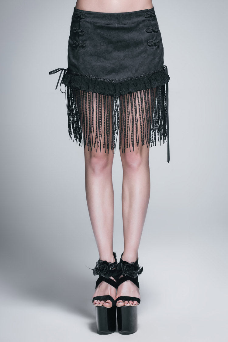 Black Jacquard Lace Tassel Hem Back Waist Lace Up Short Women's Gothic Skirt