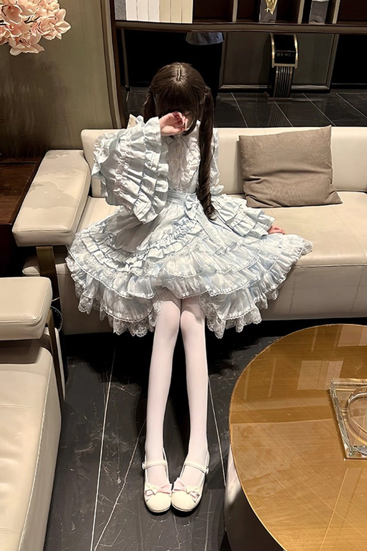 Blue [The Soloist Doll] Long Hime Sleeves Multi-Layered Print Ruffle Bowknot Asymmetric Sweet Lolita Dress