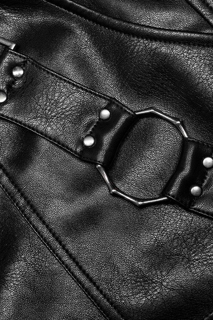 Black Faux Leather Detachable Metal Side Straps Men's Steampunk Pants