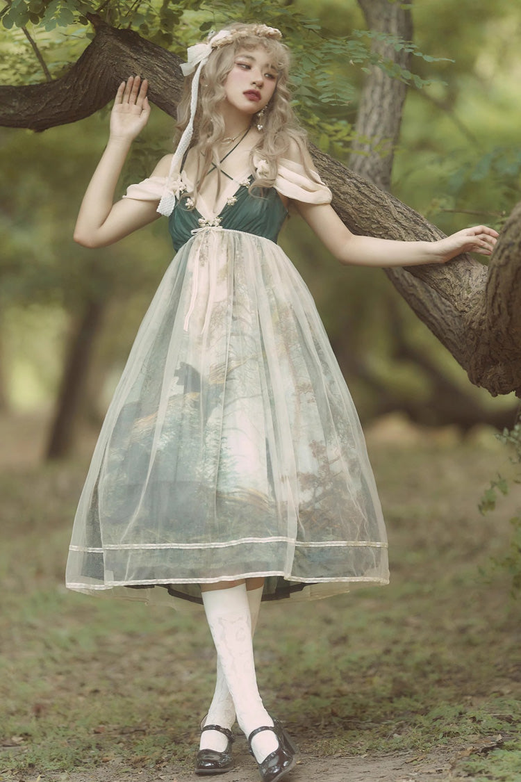 Green V Collar Morning In Pine Forest Print Sweet Lolita Jsk Dress
