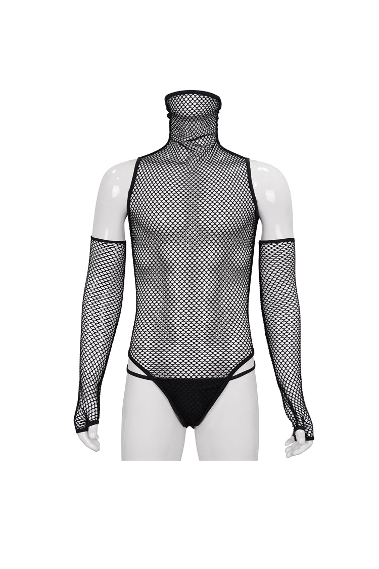 Black Transparent Mesh Sexy Super High Collar Masked Glove Thong Men's Punk Onesie