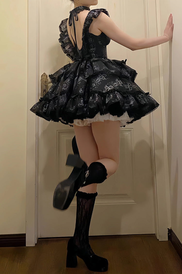 Black Multi-layer Ruffle Ballet Bowknot Print Gothic Lolita Jsk Dress