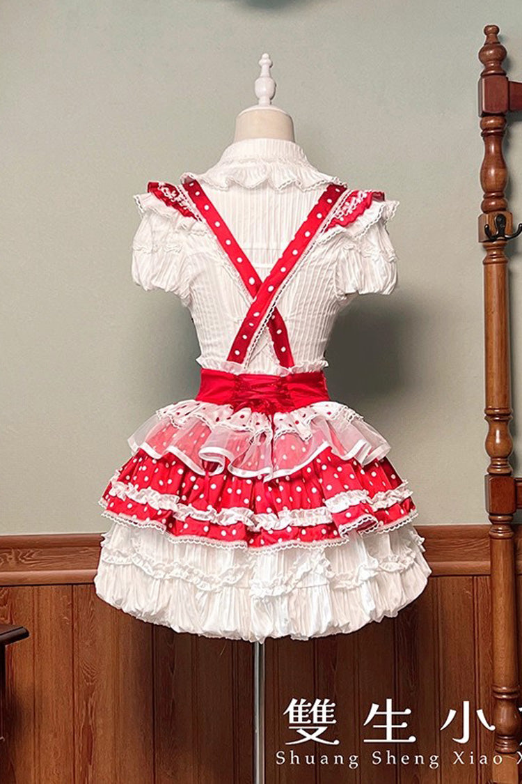 Red/White [Twin Bears] Birthday Cake Sleeveless Print Ruffle Bowknot Lace Sweet Lolita Small Flower Bud Dress
