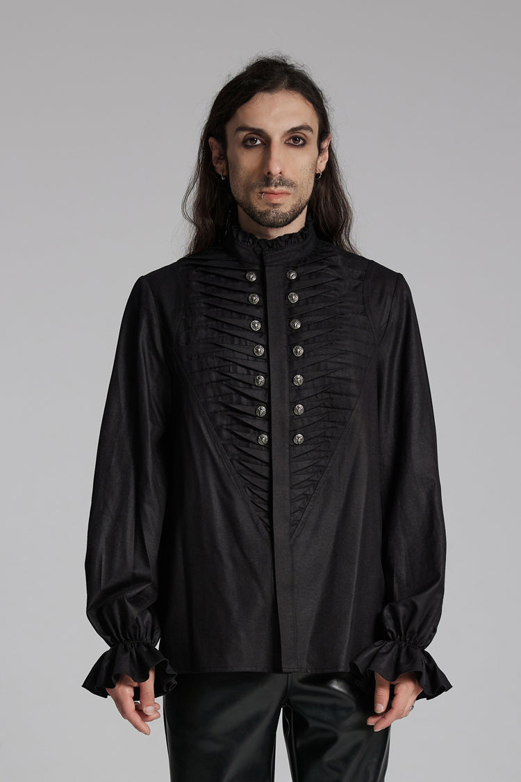 Black Long Sleeves Ruffle Beast Buckle Men's Gothic Blouse
