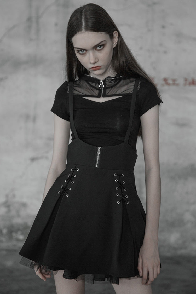 Black High Waist Bandage Zipper Braces Women's Steam Punk Skirt