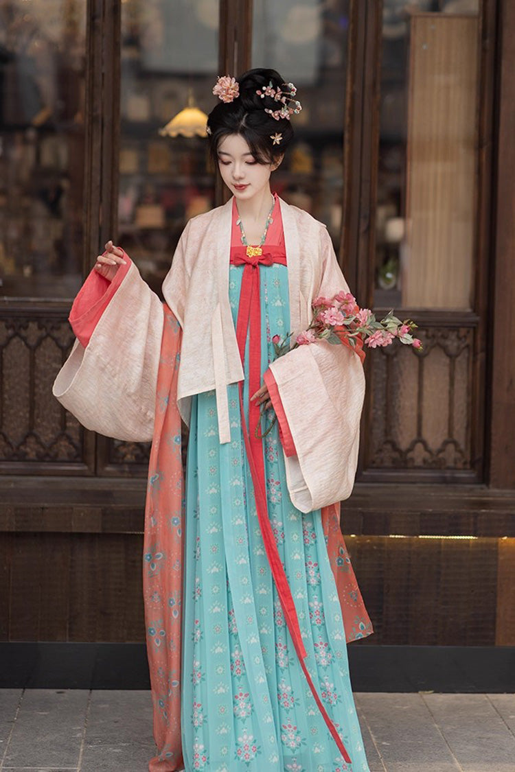 緑の[桃の花と春]長袖プリント刺繍クラシック漢服ドレス 