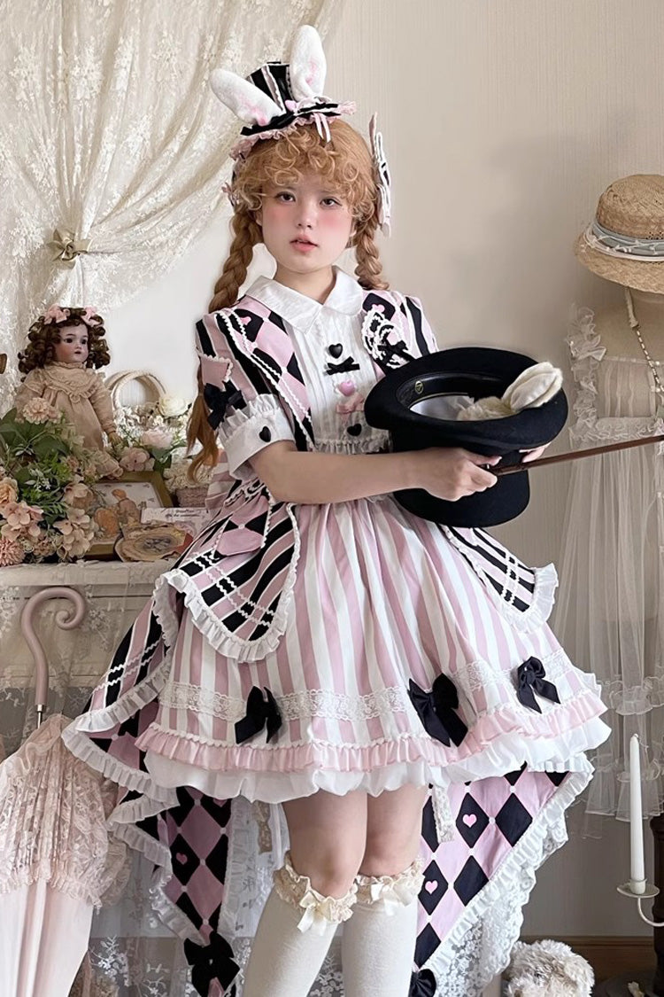 Black/Pink Short Sleeves Weird Theater Print Ruffle Bowknot Sweet Lolita Dress