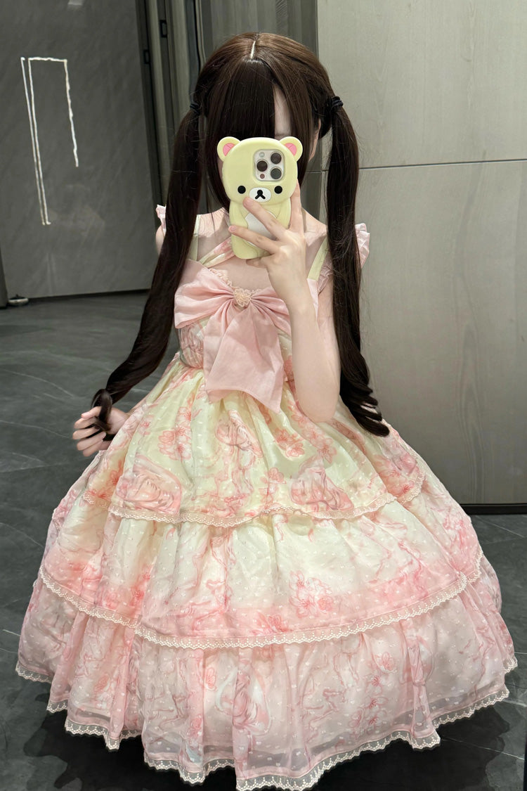 Pink Print Embroidery Bowknot Lace Sweet Princess Lolita Jsk Dress