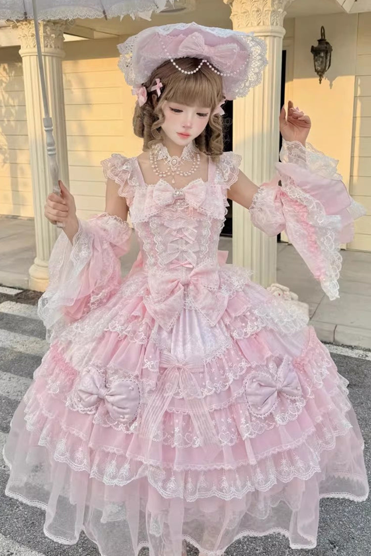 Pink [Prelude of Spring] Sleeveless Multi-Layered Ruffled Bow Lace Sweet Princess Lolita Jsk Dress