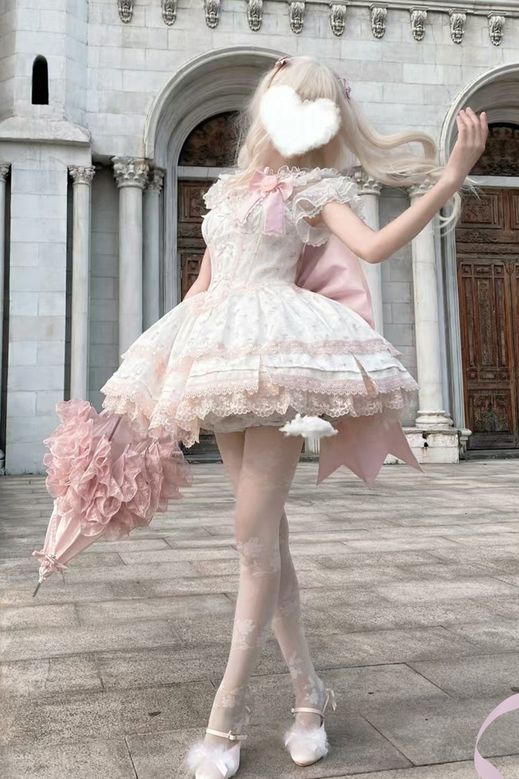 Pink [First Love Rose] Multi-Layered Print Ruffle Bowknot Lace Sweet Lolita Jsk Dress Set
