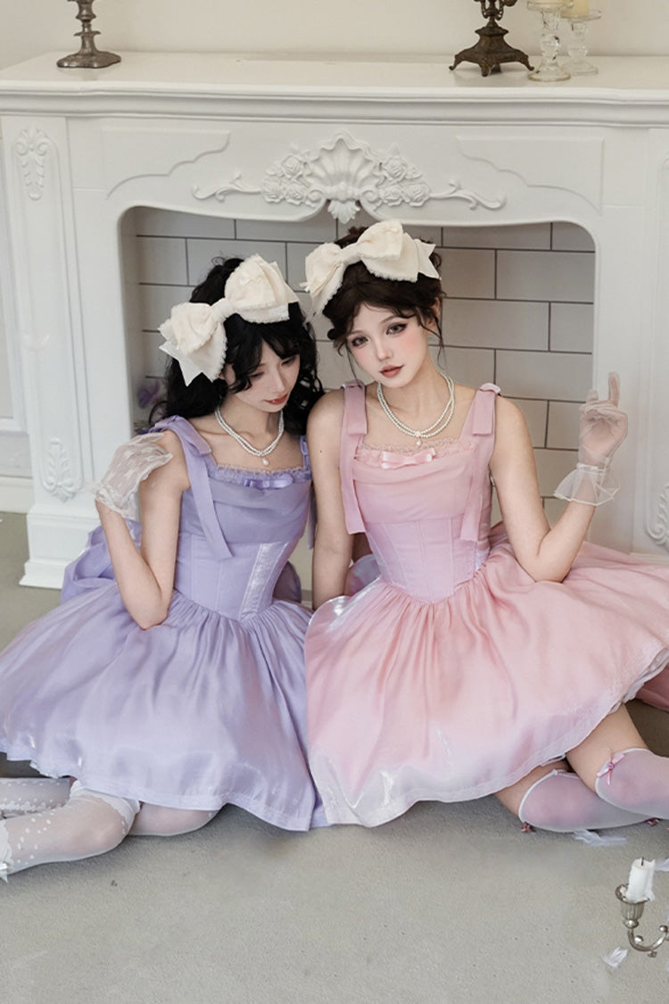 Robe Jsk Sweet Lolita sans manches avec nœud papillon et volants en os de poisson [Mer Mousseuse] rose 