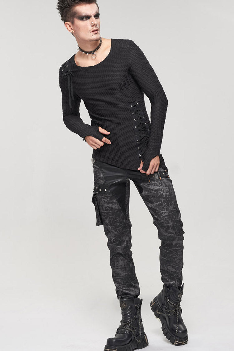Black Punk Do Old Print Detachable Multi-Pocket Splicing Metal Rivet Decoration Men's Long Pants