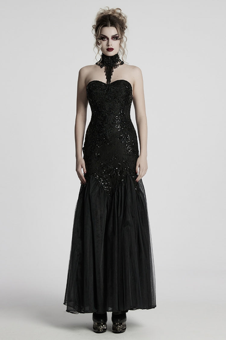Black Off Shoulder Embroidery Lace Slim Women's Gothic Gown Fishtail Dress
