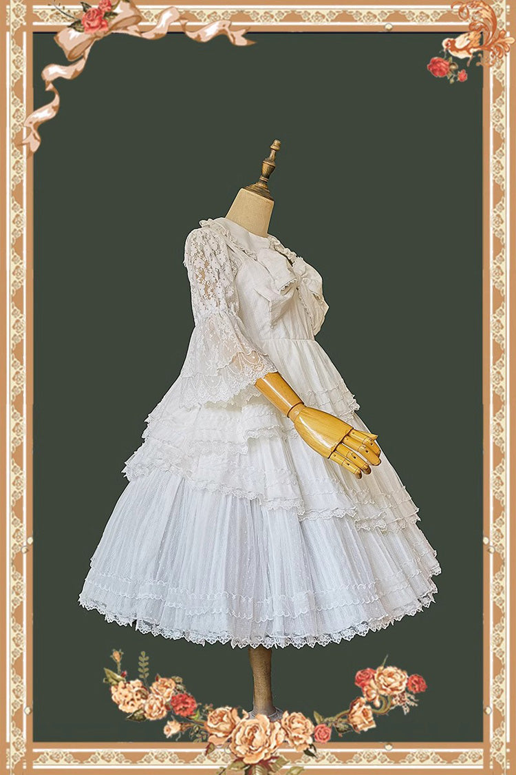 White Solid Color Tower of Dawn Bowknot Sleeveless Ruffle Sweet Lolita Dress