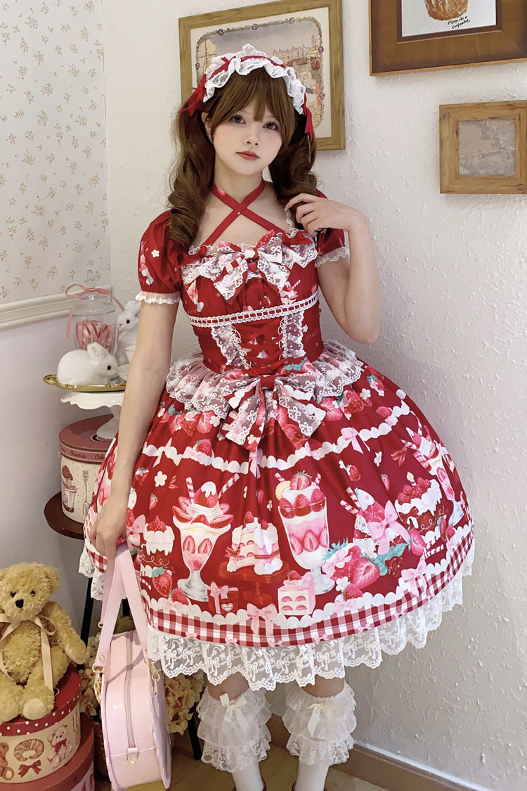 Red [Strawberry Parfait] Print Short Sleeves Ruffle Bowknot Lace Lace-Up Sweet Lolita Dress