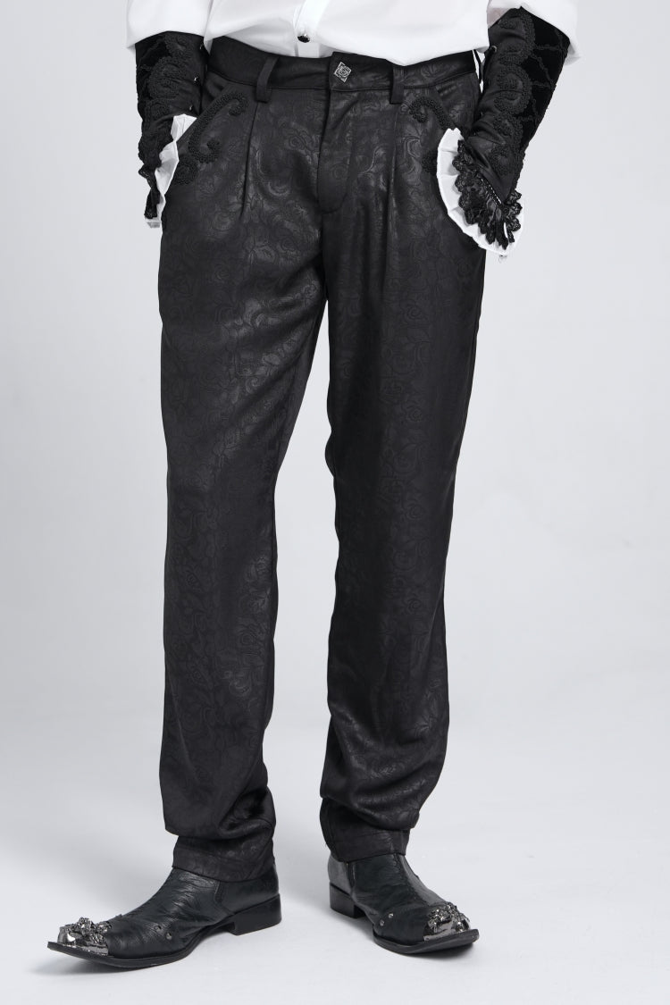 Black Floral Print Embroidery Men's Gothic Suit Pants