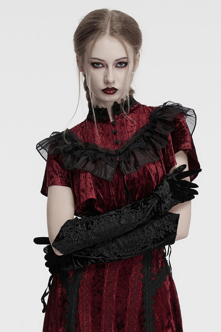 Black Floral Embroidery Lace-Up Women's Gothic Gloves