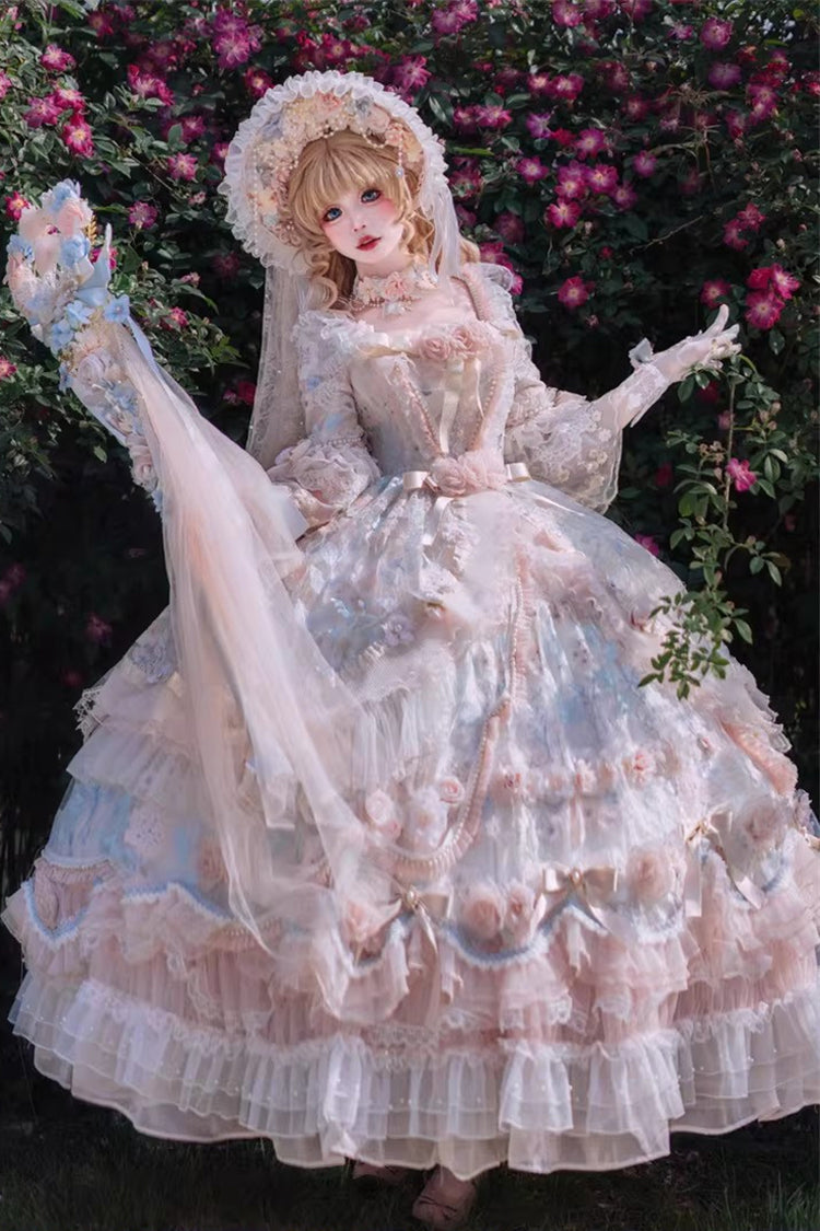 Blue/Pink [Rose Blossom Banquet] Multi-Layered Printed Ruffled Hanayome Bow Lace Sweet Plus Size Princess Gorgeous Lolita Dress