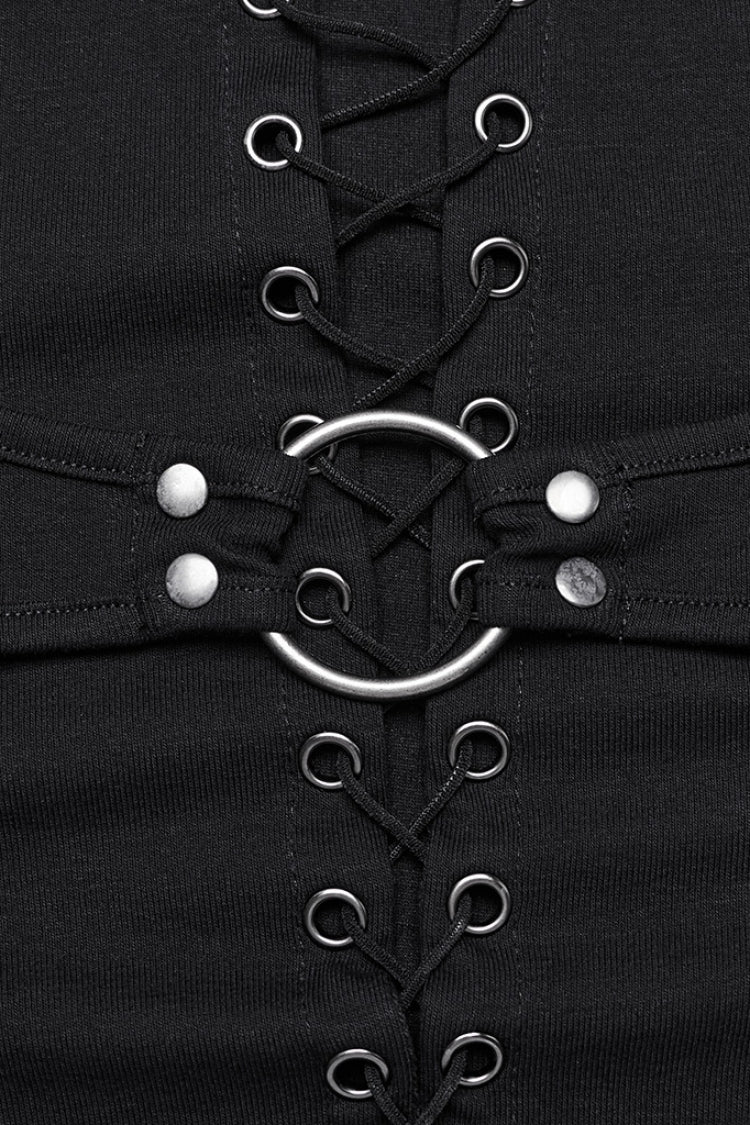 Schwarze Langarmbluse mit Schnürung und Netz für Damen im Punk-Stil 