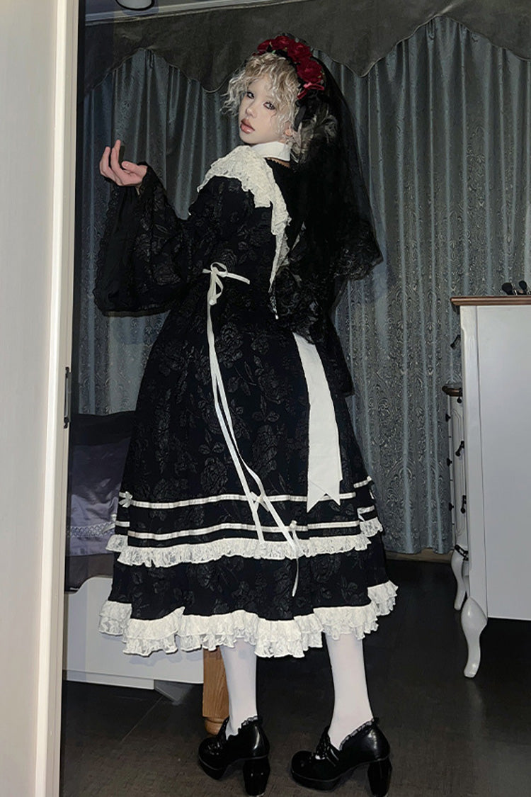 Black [Rose Choir] Double-Layered Ruffle Embroidery Bowknot Lace Gothic Elegant Nun Lolita Dress