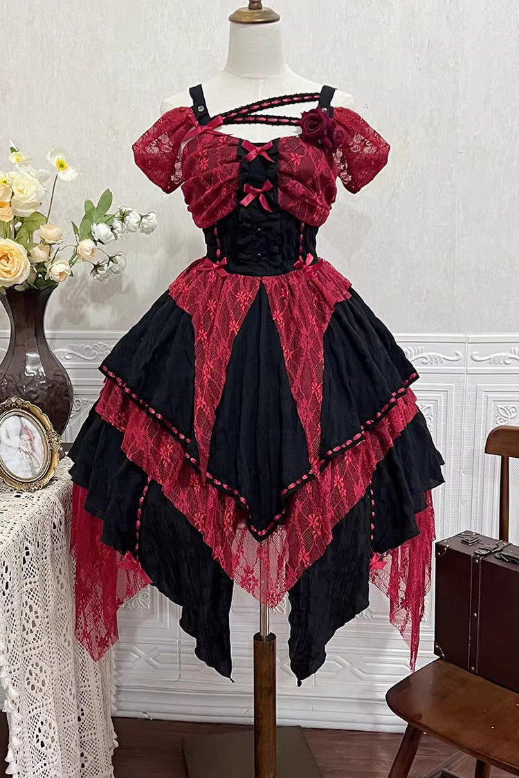 Red/Black Sleeveless High Waisted Print Irregular Gothic Lolita Jsk Dress