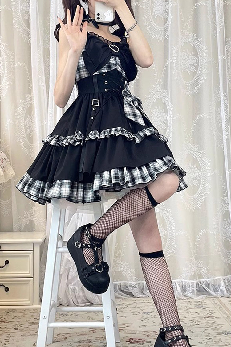 Black/White Plaid Print Color Contrast Leather Buckle Bowknot Ruffle Gothic Lolita JSK Dress