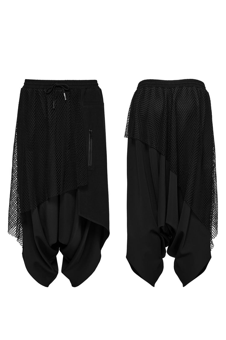Black Mesh Asymmetric Zipper Men's Punk Pants