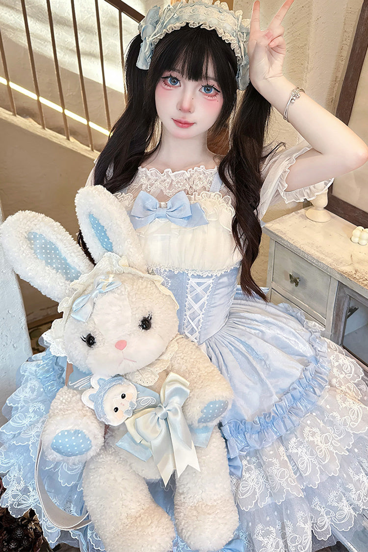 Blue [Dance of Time] Sleeveless Triple-Layered Ruffle Bowknot Lace Lace-Up Sweet Ballet Lolita Jsk Dress