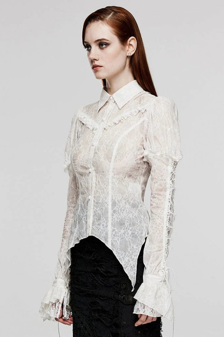 Women's Lapel Collar Long Sleeves Print Stitching Lace Gothic Blouse 2 Colors