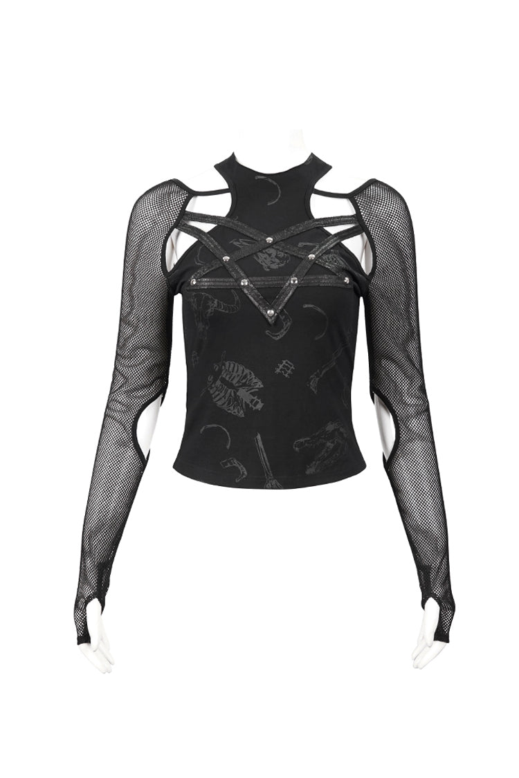 Schwarzes Pentagramm Leder gestreiftes Langarm Gothic Damen T-Shirt