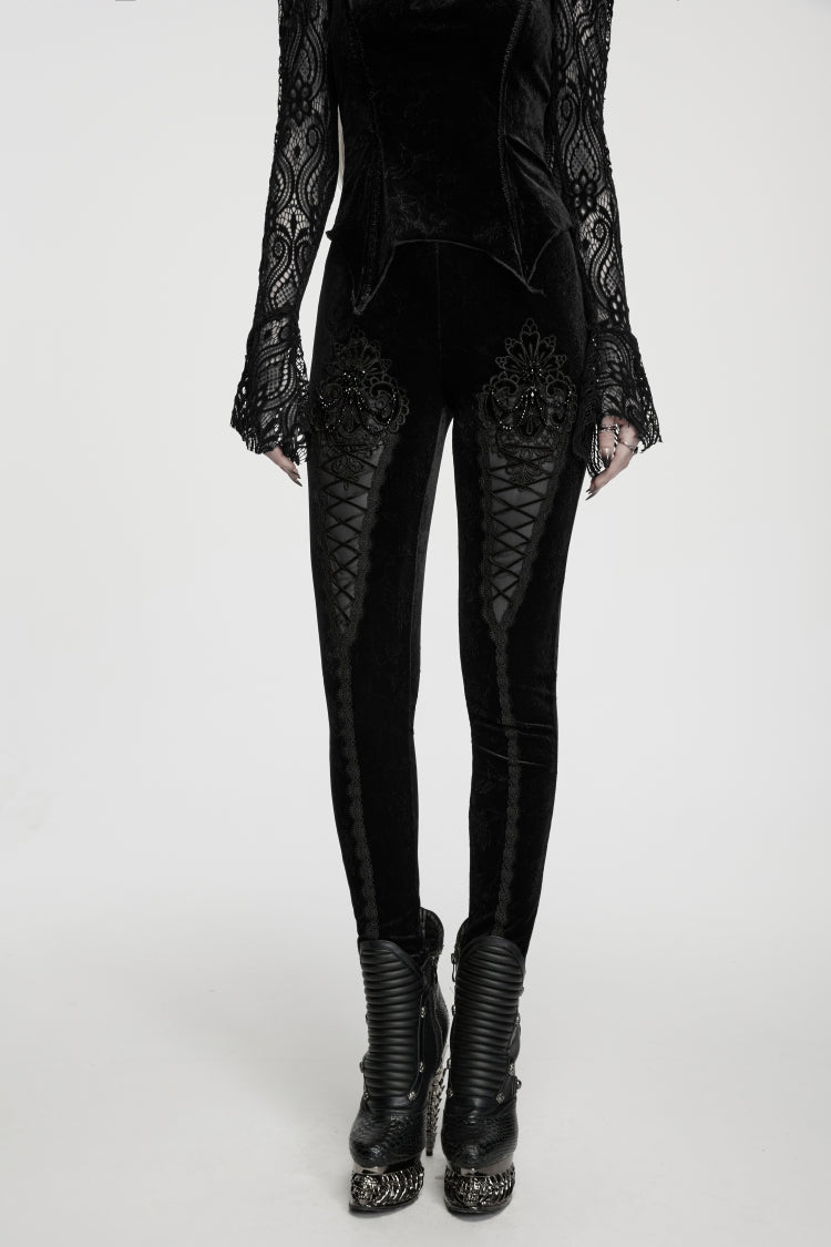 Black Jacquard Embroidered Patchwork Slim Fit Women's Gothic Velvet Leggings