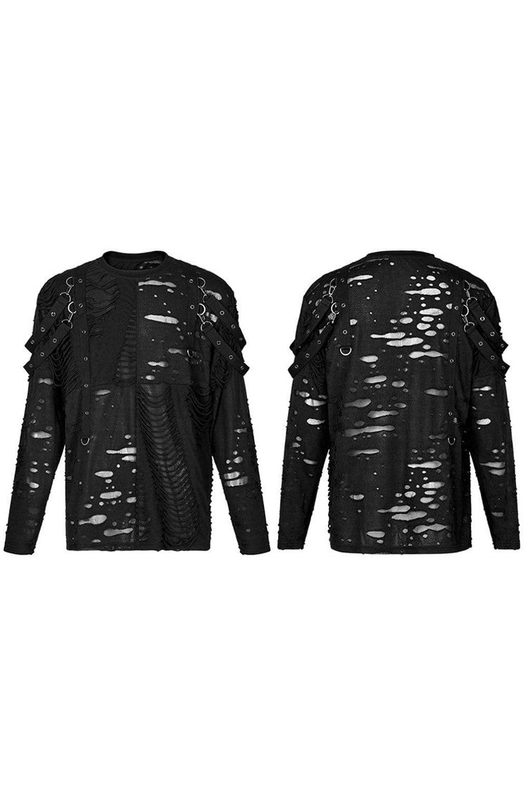 Black Gothic Broken Holes Knitted Fabric Stitching Metal Buckle Detachable Decorative Tape Long Sleeve Men's T-Shirt