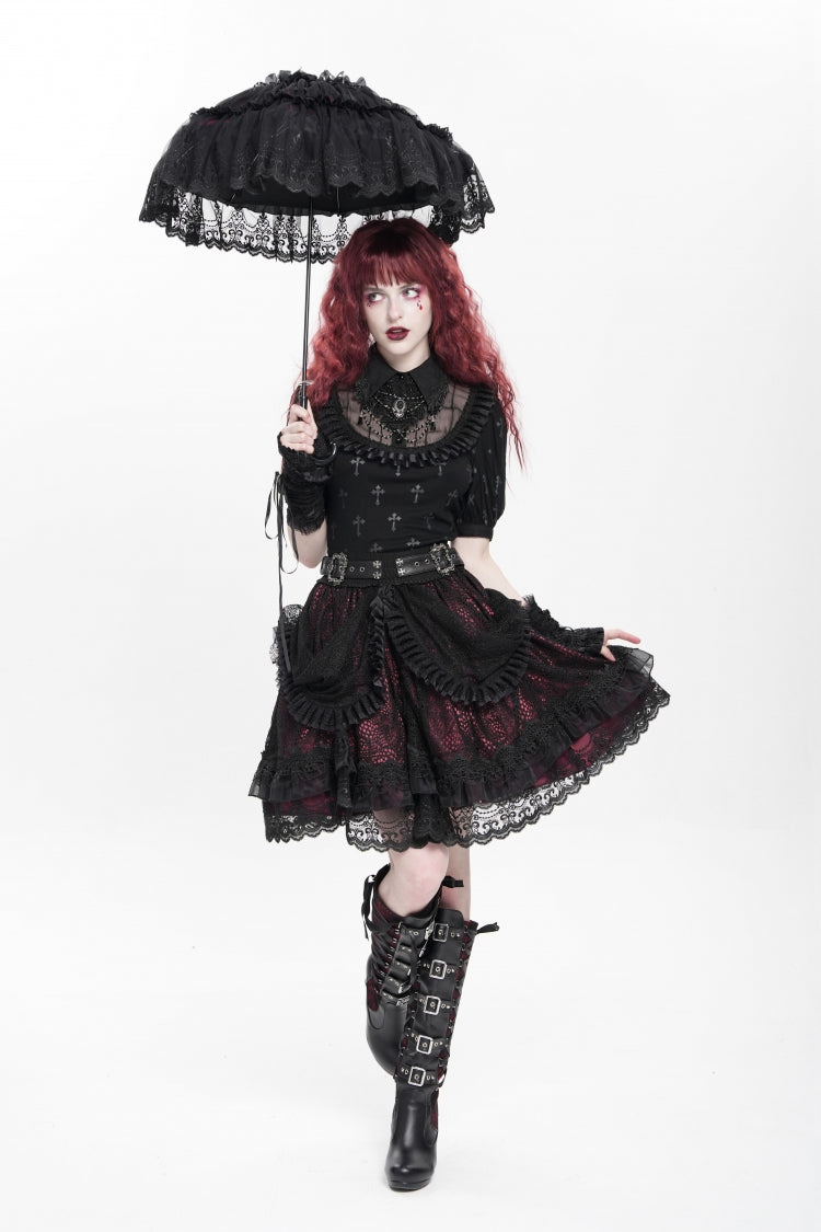 Black/Red Multi-Layered Ruffle Buckle Straps Women's Gothic Skirt