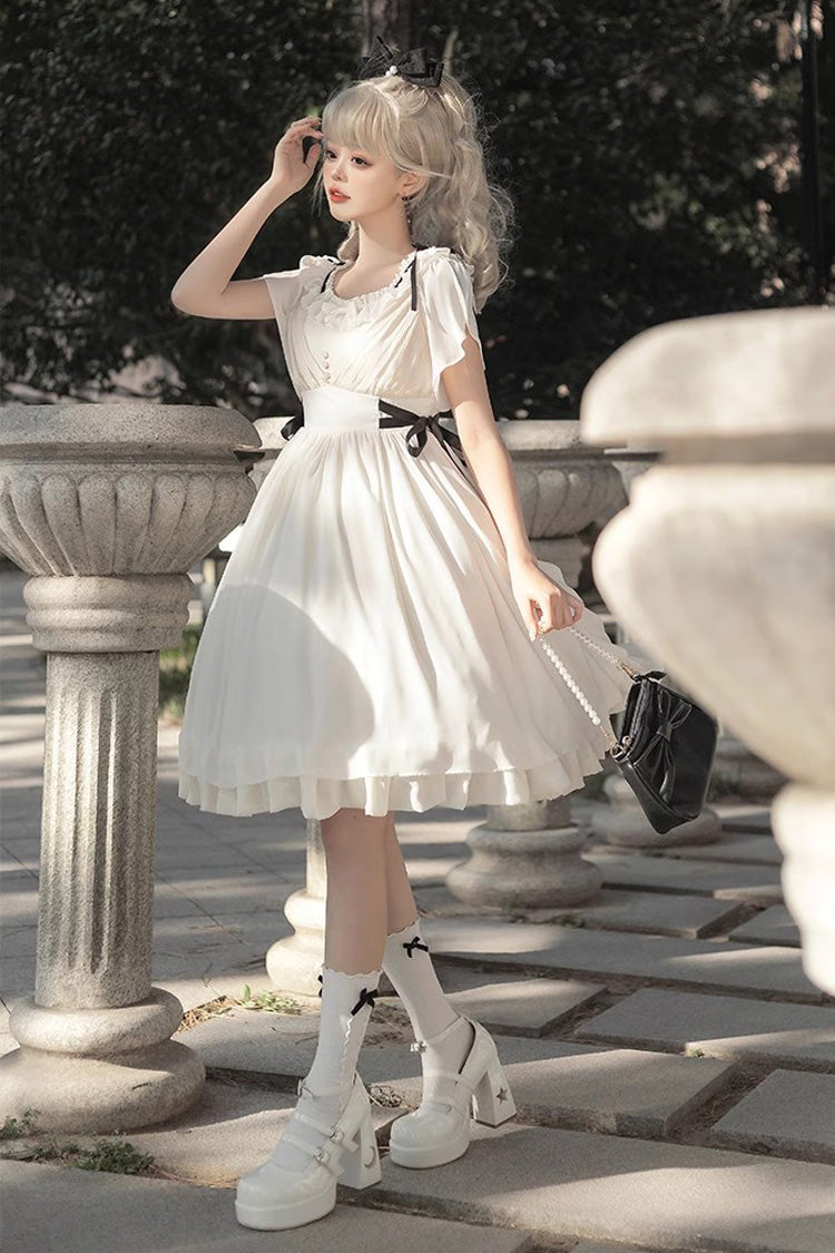 White Moonlight March Chiffon Short Sleeves Ruffle Sweet Lolita Dress