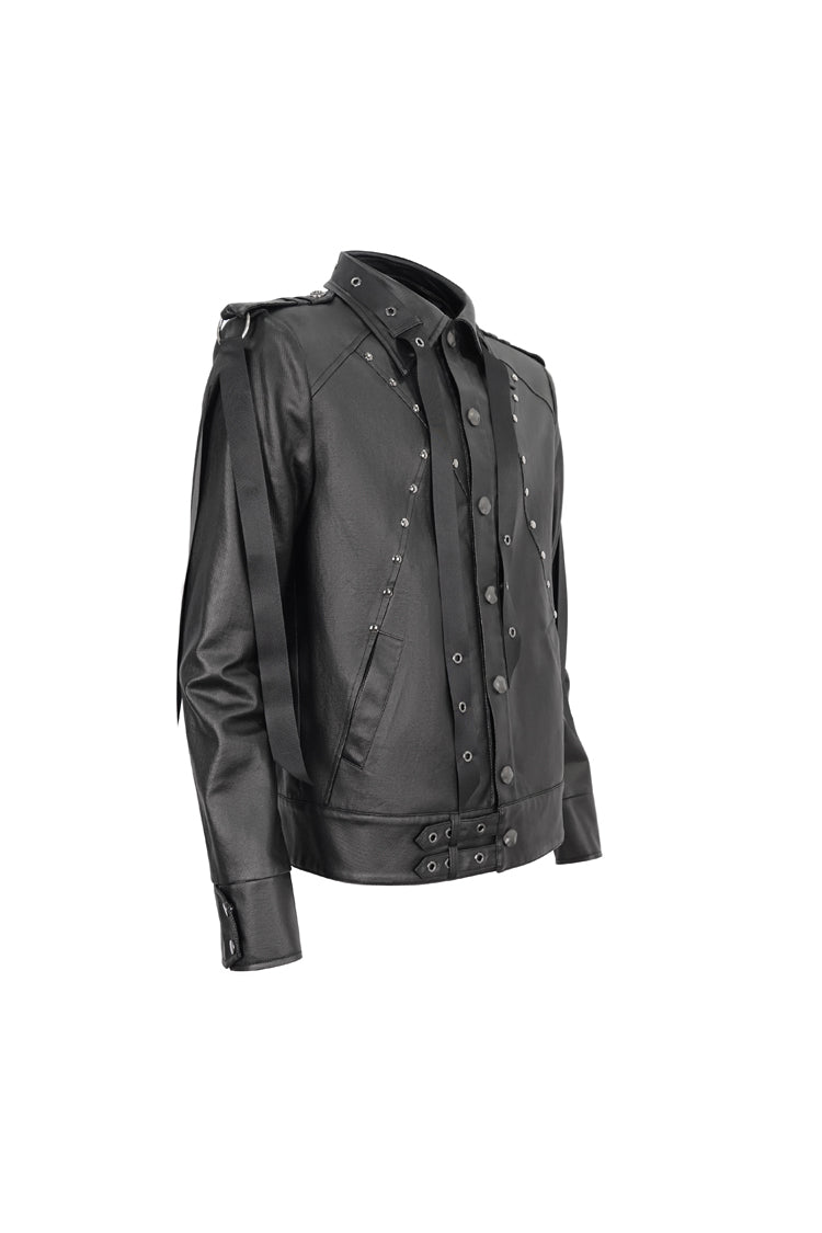 Black Lapel Collar Studded Strap Dashing Men's Punk Jacket