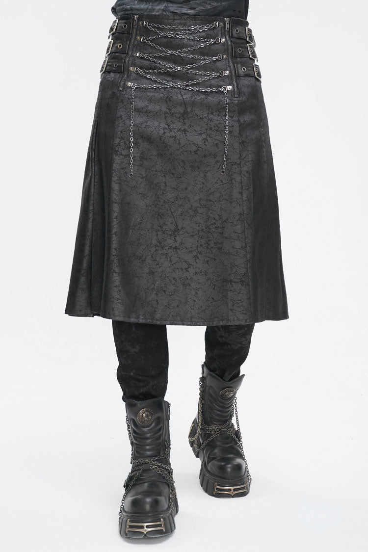 Black Print Chain Multi Buckle Men's Gothic Skirt