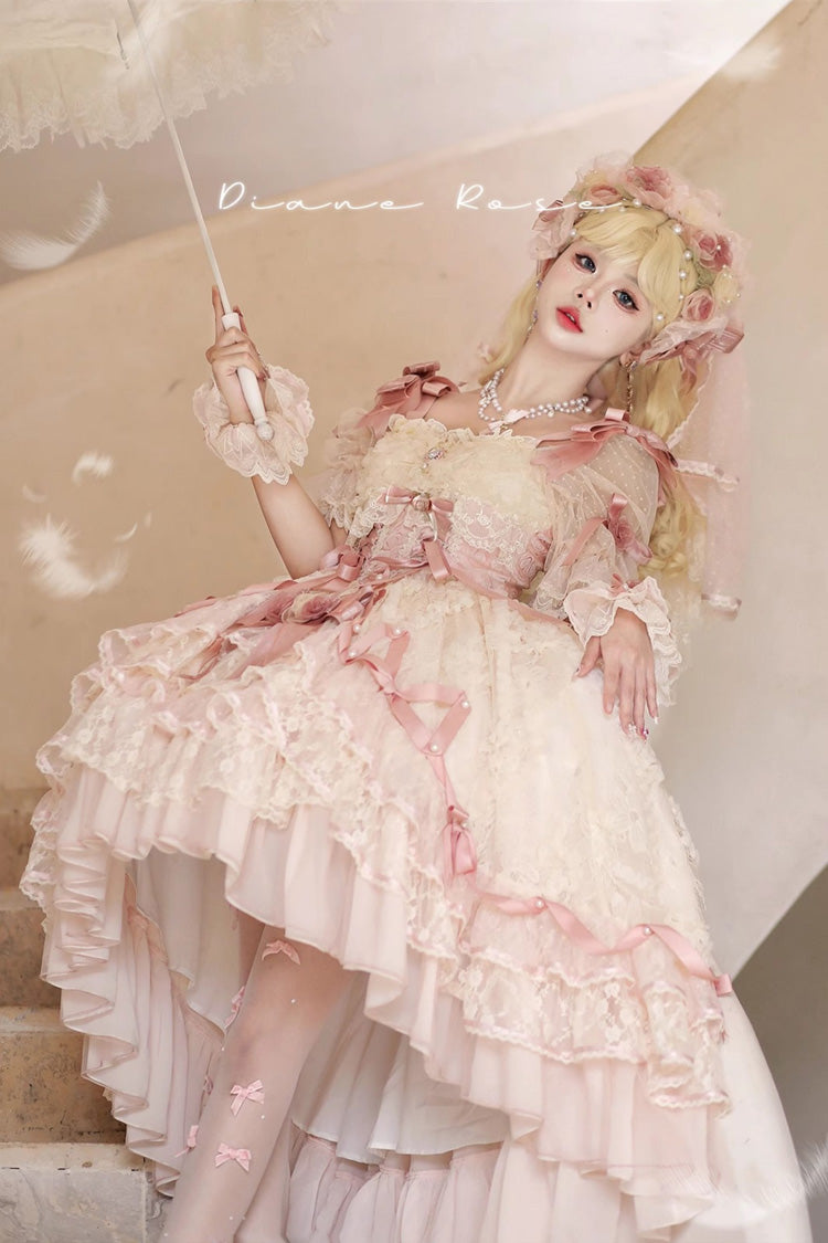 Pink [Diane Rose] Short Sleeves Multi-Layered Jacquard Ruffle Hanayome Cardigan Bowknot Lace Sweet Lolita Dress