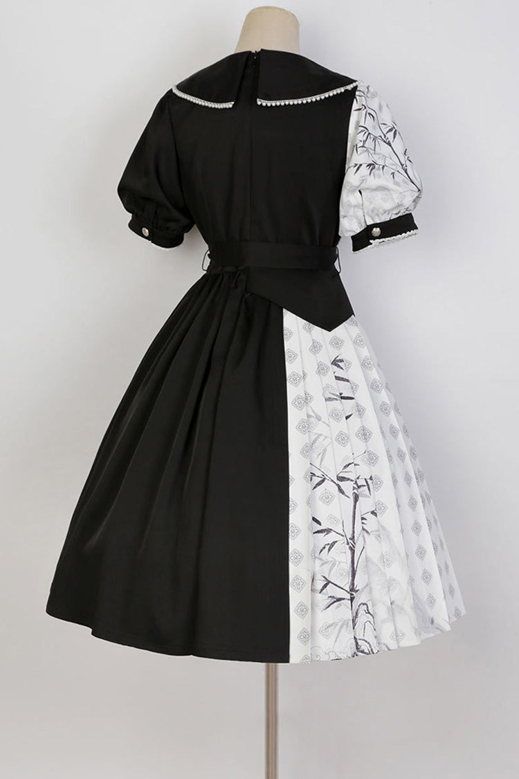 Black/White Stitching Chinese Style Bamboo Print High Waisted Sweet Lolita Dress
