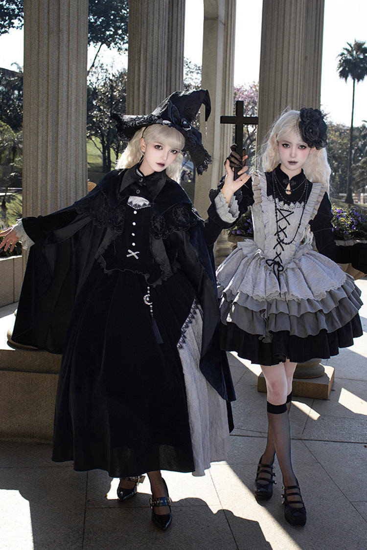 Black/Grey Witch Long Sleeves Gradient Multi-Layered Ruffle Bowknot Lace Gothic Chinese Style Lolita Dress