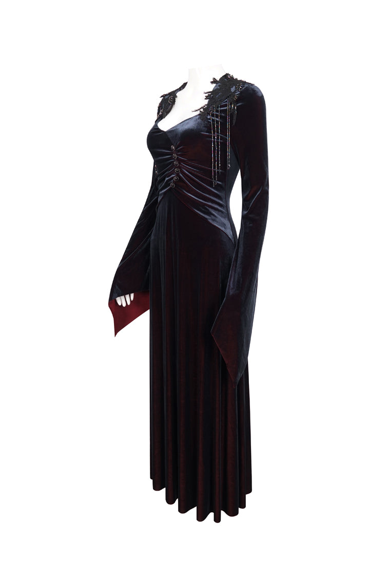 Black/Red Embroidered Fringe Flared Sleeve Long Women's Gothic Dress