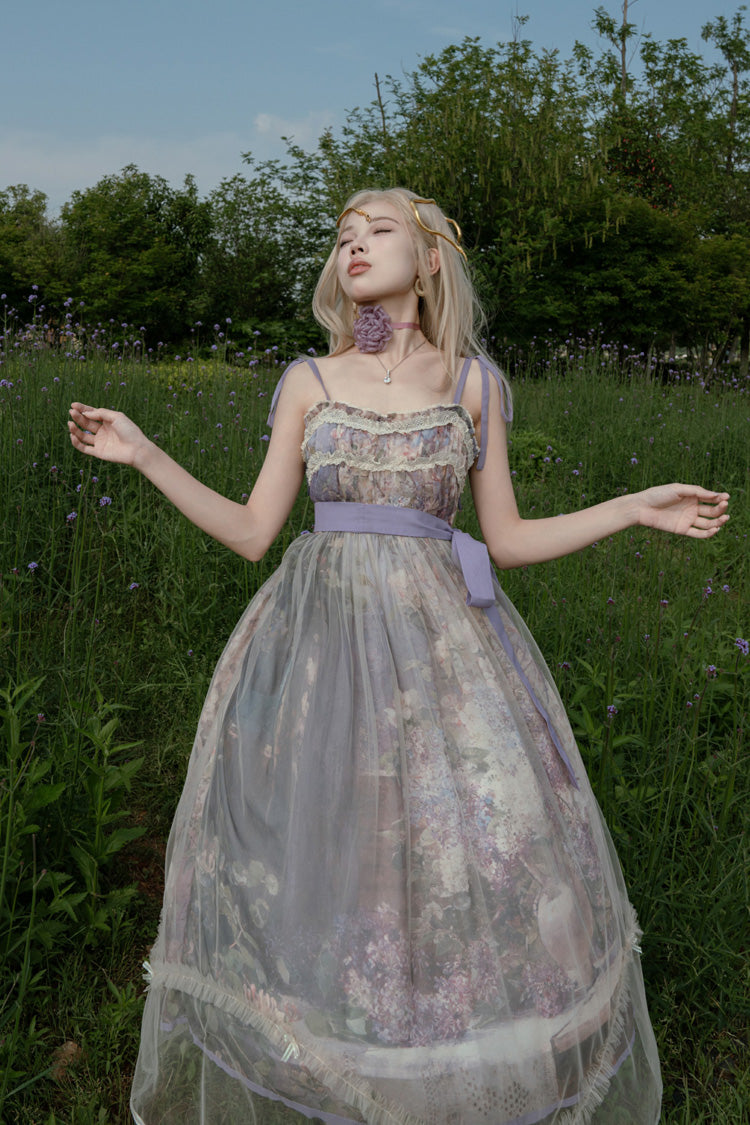 Peinture à l'huile violette [– À l'ombre des arbres en fleurs] Robe Jsk Lolita douce sans manches à imprimé volant avec nœud en dentelle 