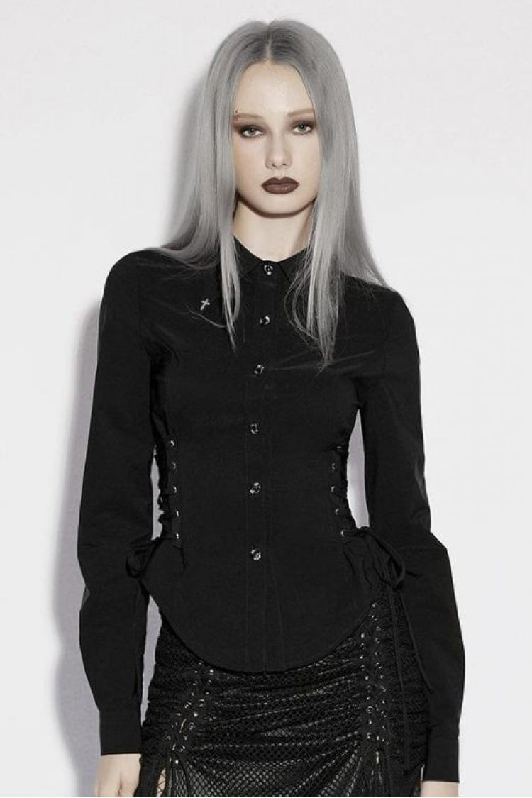 Chemisier gothique noir à col à revers, manches longues, lacets, boucle fine, pour femmes