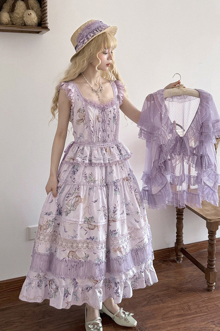 Purple [Pea Squirrel] Sleeveless Multi-Layered Pastoral Print Ruffle Embroidery Lace Sweet Elegant Lolita Jsk Dress