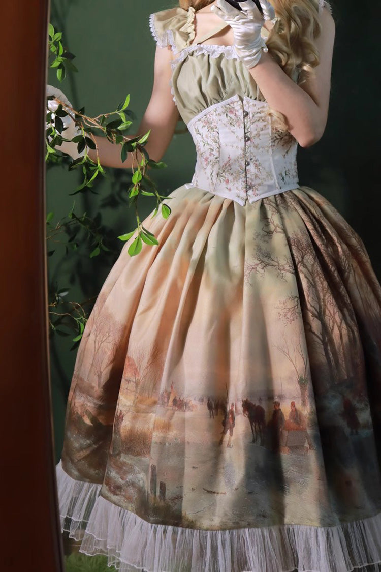 Village Print Ruffle Lace Off Shoulder Elegant Princess Sweet Lolita Jsk Dress 2 Colors