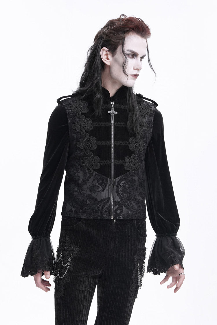 Black Stand Collar Sleeveless Floral Crochet Zipper Men's Gothic Vest