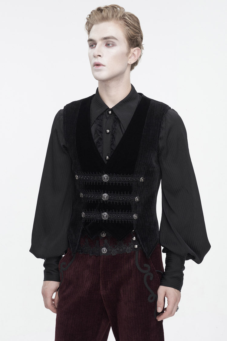 Black Velvet Irregular Splice Corduroy Men's Gothic Waistcoat